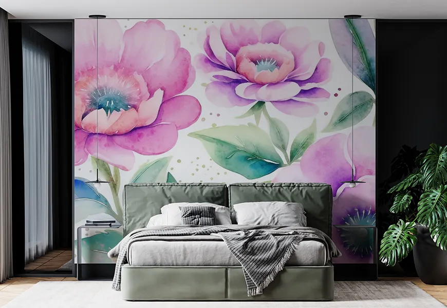 پوستر دیواری 3 بعدی اتاق خواب عروس و داماد گلهای صورتی